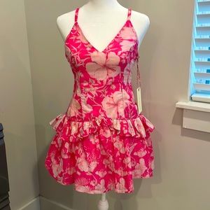 LOVESHACKFANCY pink hibiscus mini dress. So cute and flirty!